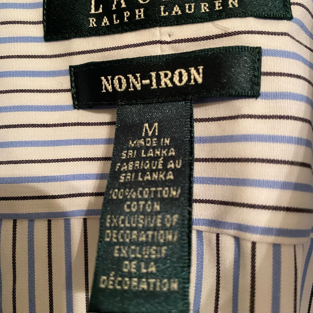 Ralph Lauren Blue and White Striped No Iron Collared Long Sleeve Shirt, Size Med - Picture 4 of 5